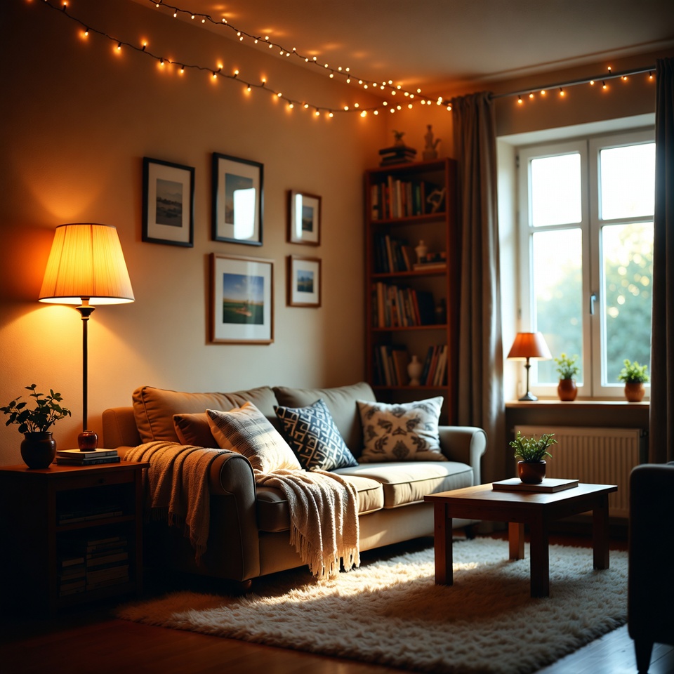 Cozy living-room inspired photo zone with warm lights